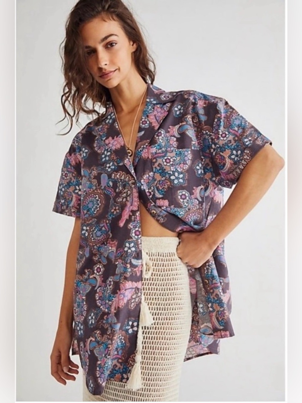 We the Free poolside boyfriend button down boho tunic shirt paisley XS nwt